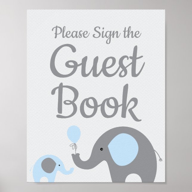 Póster El Rótulo Baby Shower Elephant Blue the Guest Book (Frente)