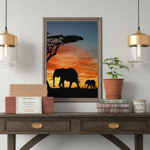 Póster El Safari Africano Sunset Elephant Silhouette Art