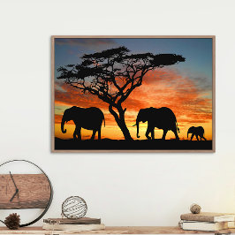 Póster El Safari Africano Sunset Elephant Silhouette Art