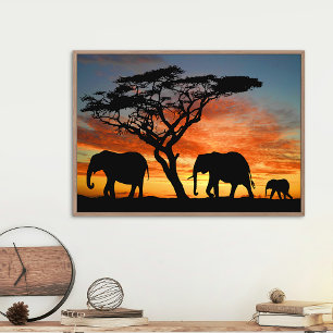 Póster El Safari Africano Sunset Elephant Silhouette Art