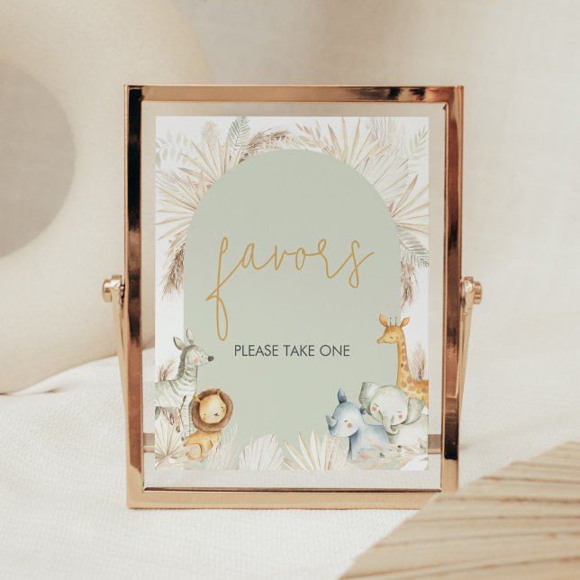 Póster El Safari Verde Boho Sage favorece (Hello Baby Safari Baby Shower  Favors Sign)