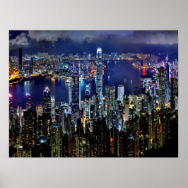Póster El Skyline urbano de Hong Kong se ilumina de noche