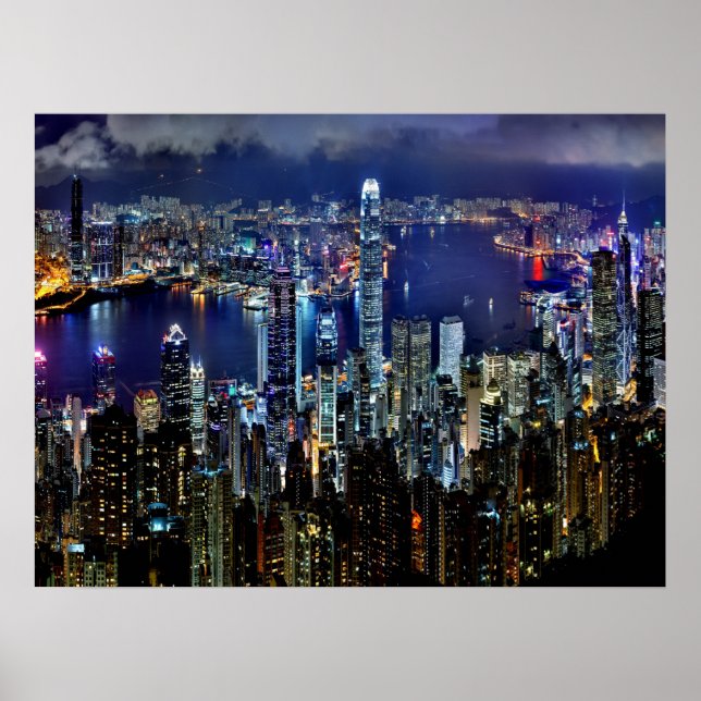 Póster El Skyline urbano de Hong Kong se ilumina de noche (Frente)