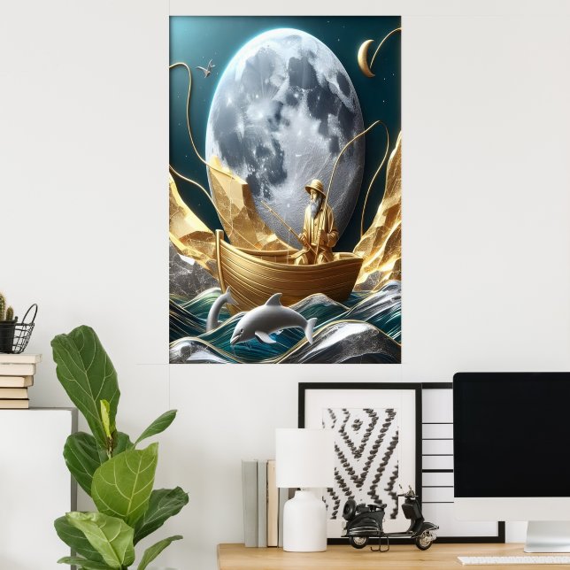 Póster El sueño del pescador iluminado por la luna (Oficina en casa)