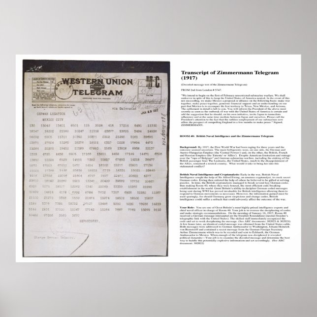 Póster El telégrafo de Zimmermann con transcripción (Frente)