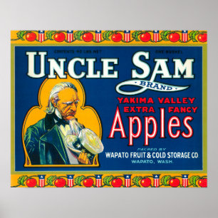 Póster El tío Sam Apple etiqueta (azul) - Wapato, WA