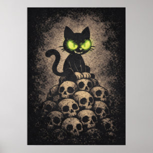 Póster El último silbido - Gato retro sobre calaveras, di