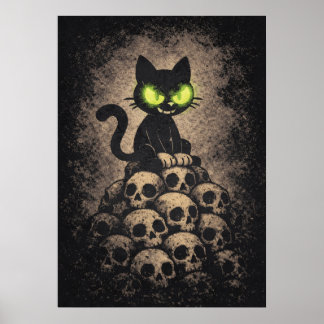 Póster El último silbido - Gato retro sobre calaveras, di