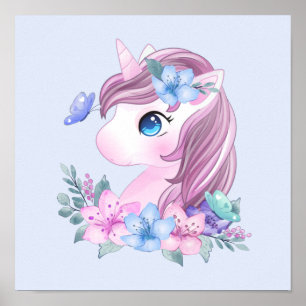 Póster El unicornio de bebé, lindo y mágico, con ojos gra