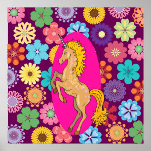 Póster El unicornio místico y colorido sobre las flores m