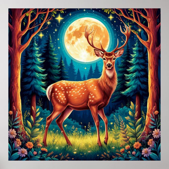 Póster El venado majestuoso en un bosque exuberante (Frente)