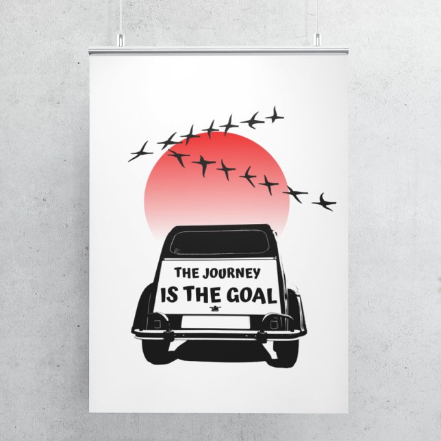 Póster El viaje es el objetivo Sunset - viejo temporizado (2CV Poster in White with a Red Sunset and Birds Illustration)