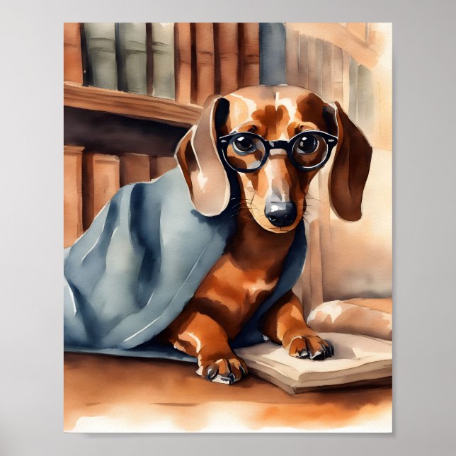 Póster El viejo Dachshund en la vieja biblioteca (Frente)