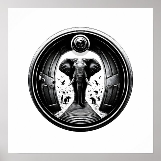 Póster Elefante a través de la puerta de Peephole | Fishe (Frente)
