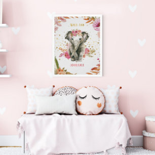 Póster Elefante Acuarela Flores Rosadas Habitación Niña