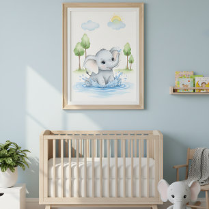 Póster Elefante Adorable Chapoteando en Agua
