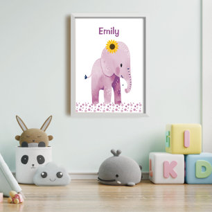 Póster Elefante Adorable Para Bebés Con Nombre De Nursera