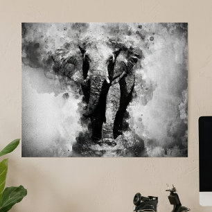 Póster Elefante Africano Acuarela en Blanco y Negro