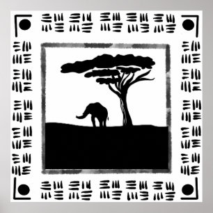 Póster Elefante africano blanco y negro