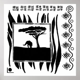Póster Elefante africano blanco y negro