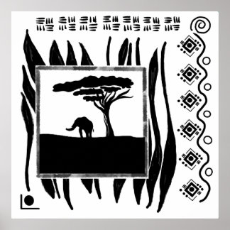 Póster Elefante africano blanco y negro