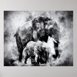Póster Elefante africano con becerro negro y blanco