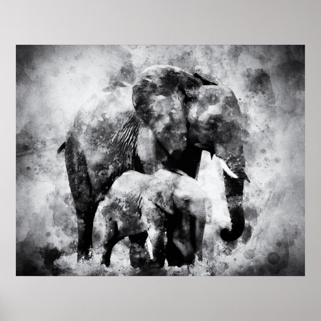 Póster Elefante africano con becerro negro y blanco (Frente)