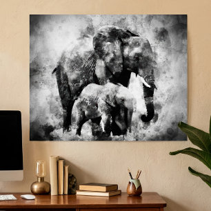 Póster Elefante africano con becerro negro y blanco