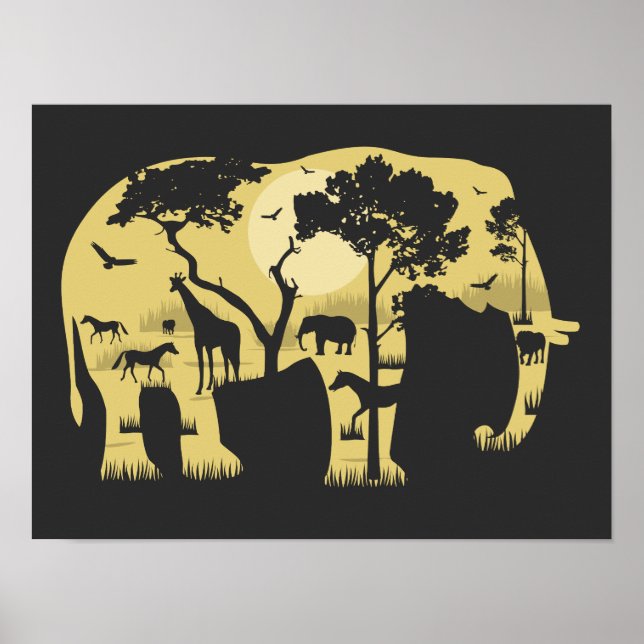 Póster Elefante africano de sabana, árbol de acacia, natu (Frente)