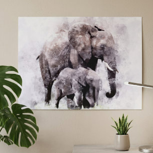 Póster Elefante africano hembra con cría Acuarela