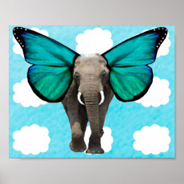 Póster Elefante Alado Azul en las Nubes