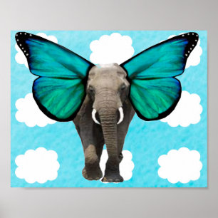 Póster Elefante alado azul en nubes
