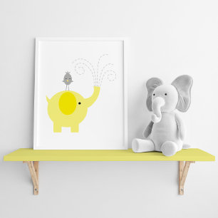 Póster Elefante amarillo y gris y guarnición de aves