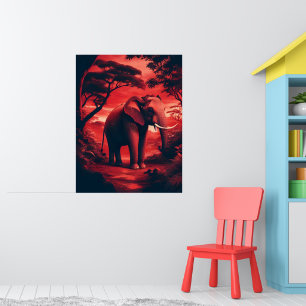 Póster Elefante asiático en rojo forestal