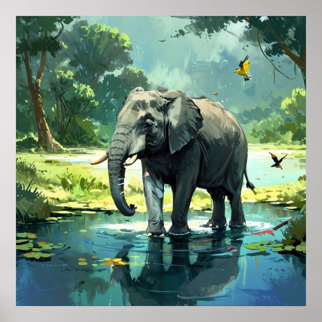 Póster Elefante asombroso en río con pintura de aves (Frente)