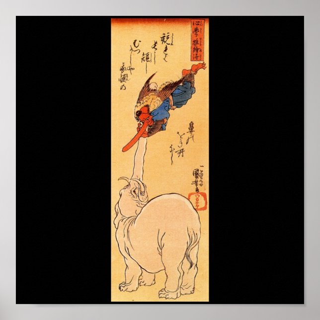 Póster Elefante atrapando un Tengu volador. Años 1800 (Frente)