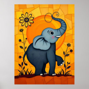 Póster Elefante Azul Adorable con Acentos Florales