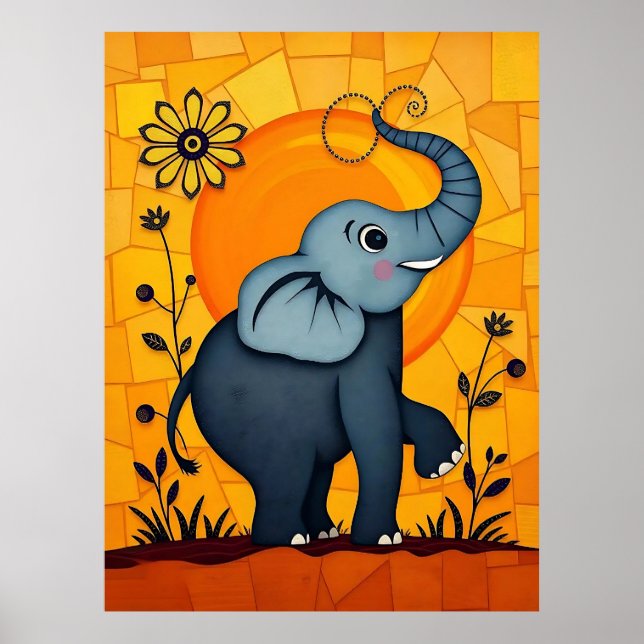 Póster Elefante Azul Adorable con Acentos Florales (Frente)
