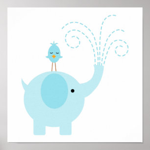 Póster Elefante Azul Adorable y Pájaro