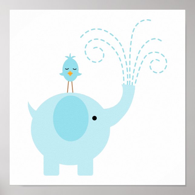 Póster Elefante Azul Adorable y Pájaro (Frente)