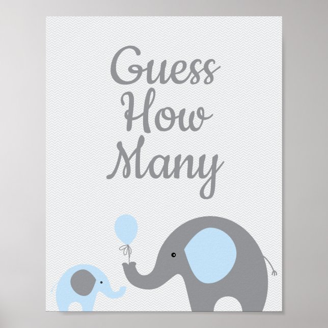 Póster Elefante Azul Baby Shower adivina cuántos Rótulos  (Frente)