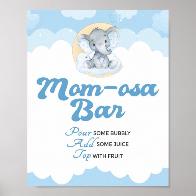 Póster Elefante Azul Baby Shower Momosa Bar Rótulo (Frente)