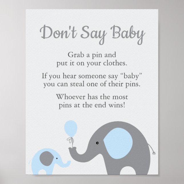 Póster Elefante azul Baby Shower no dice Rótulo de juego  (Frente)