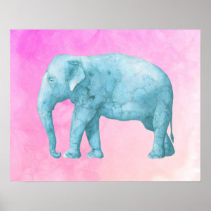 Póster Elefante azul claro sobre acuarelas rosadas oníric