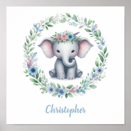 Póster Elefante azul con corona floral