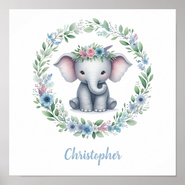 Póster Elefante azul con corona floral (Frente)