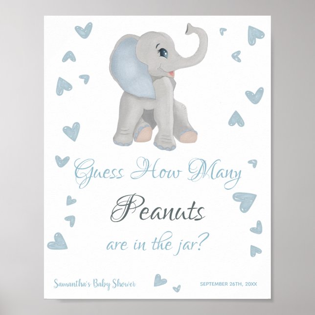Póster Elefante azul cuántos cacahuetes Rótulo Baby Showe (Frente)