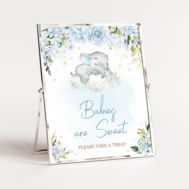 Póster Elefante azul Floral Baby Shower Los bebés son dul (Blue Floral Sleeping Elephant Baby Shower Babies are Sweet Sign)