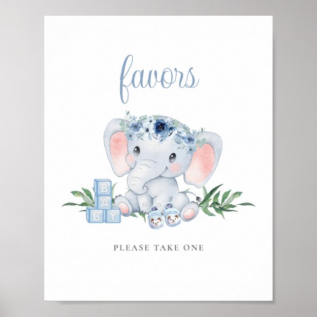 Póster Elefante azul lindo Baby Shower favorece el Rótulo (Frente)