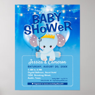 Póster Elefante azul lindo y globos Fiesta bebé volante